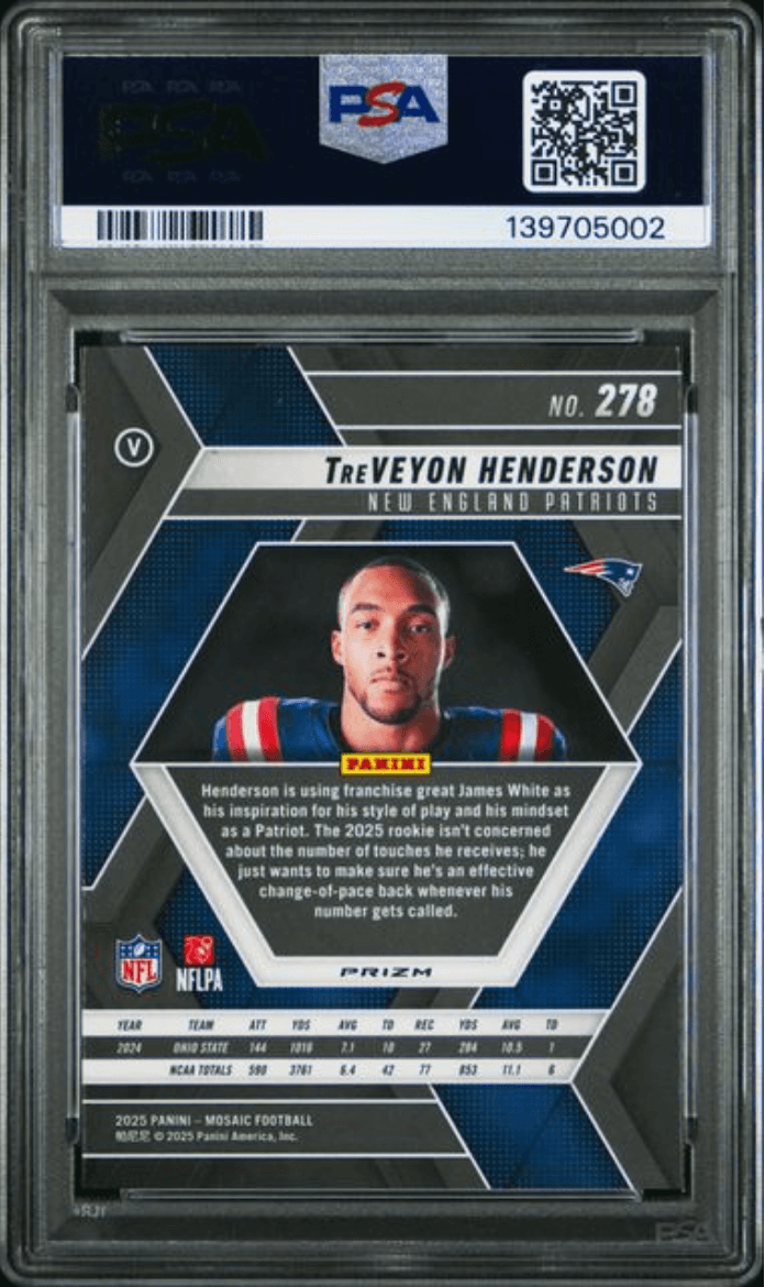 Graded 2025 Panini Mosaic TreVeyon Henderson #278 Green Rookie RC Football Card PSA 10 Gem Mint