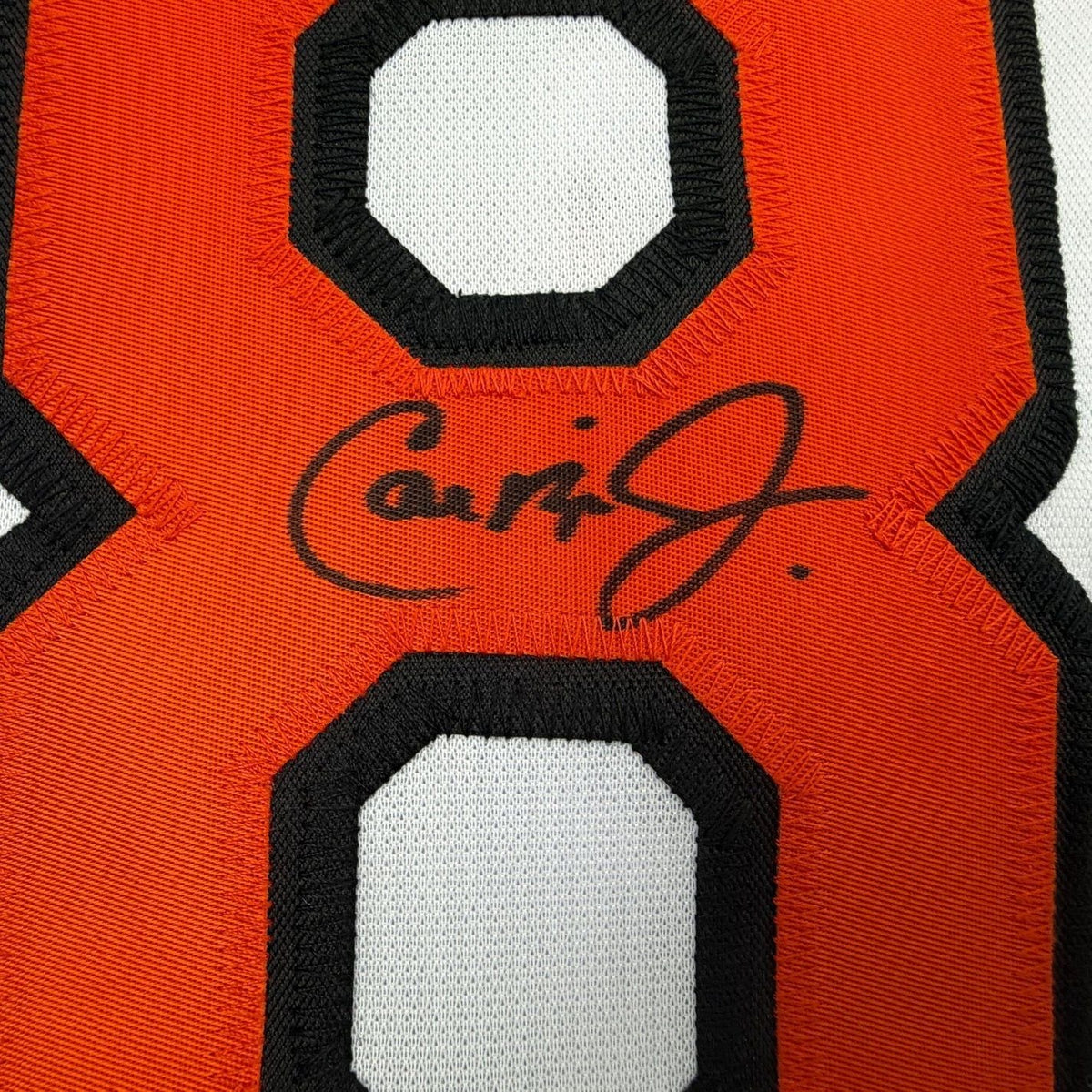 Framed Autographed/Signed Cal Ripken Jr. 35x39 Baltimore White Stat Baseball Jersey JSA COA