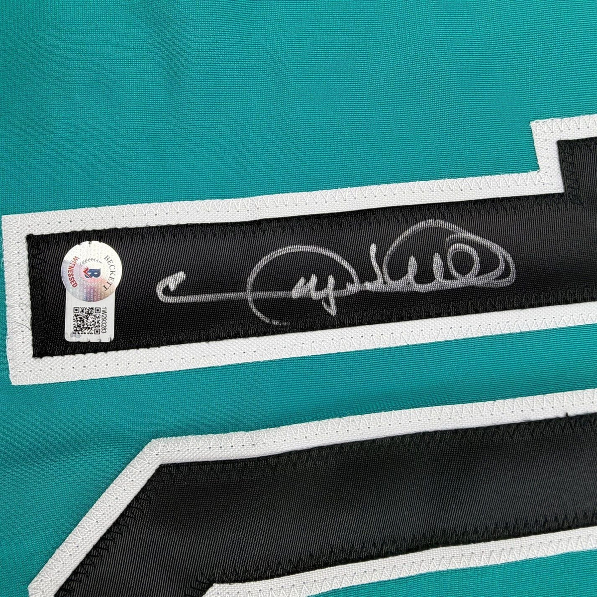 Framed Autographed/Signed Gary Sheffield 35x39 Florida Teal Baseball Jersey Beckett BAS COA