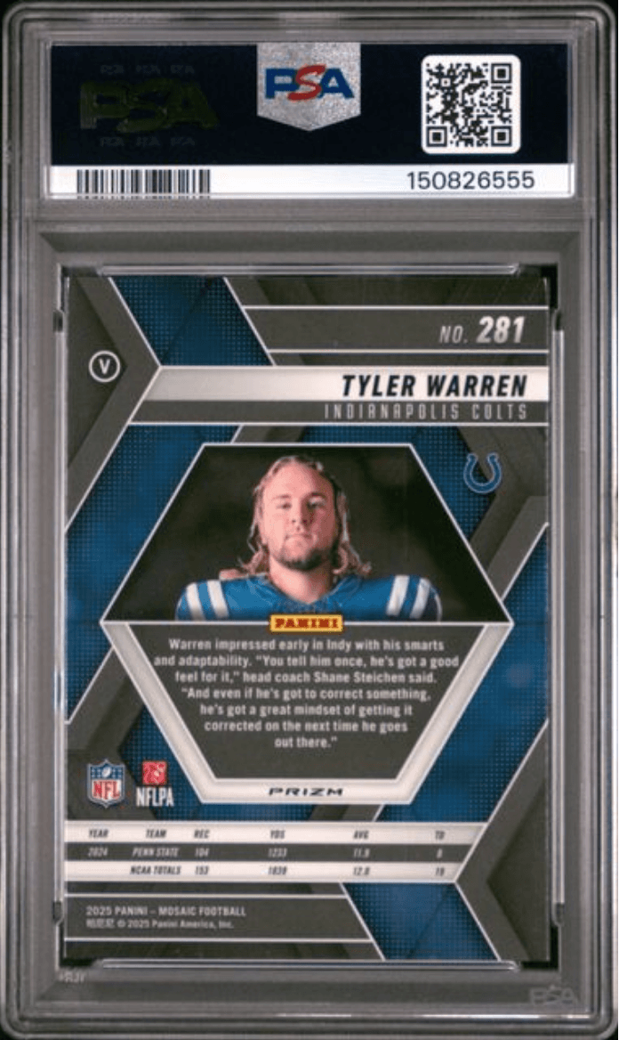 Graded 2025 Panini Mosaic Tyler Warren #281 Reactive Purple Rookie RC Football Card PSA 10 Gem Mint