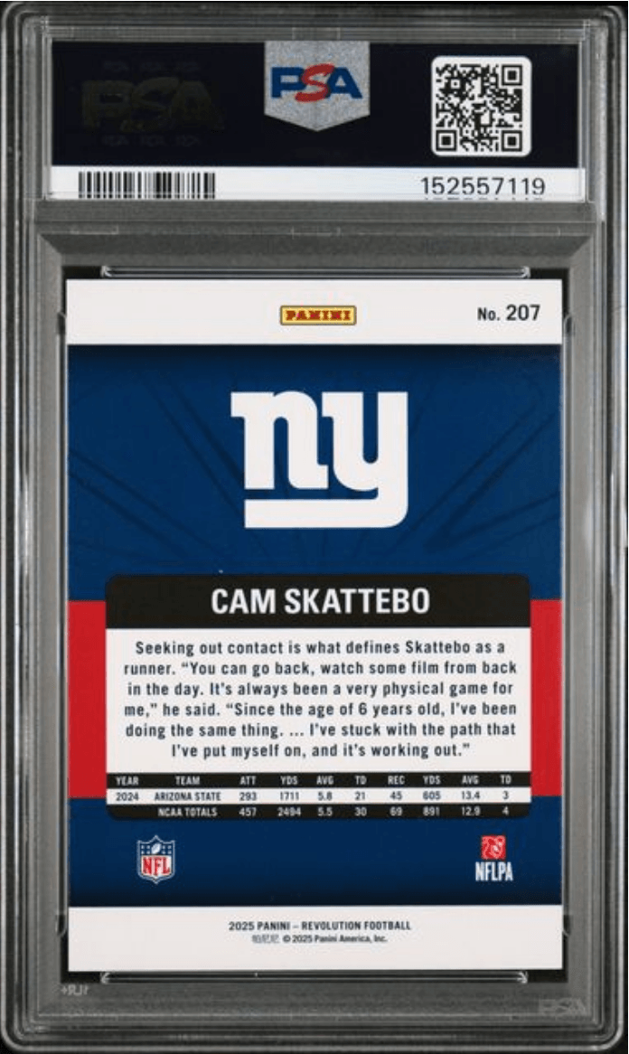 Graded 2025 Panini Revolution Cam Skattebo #207 Rookie RC Football Card PSA 10 Gem Mint