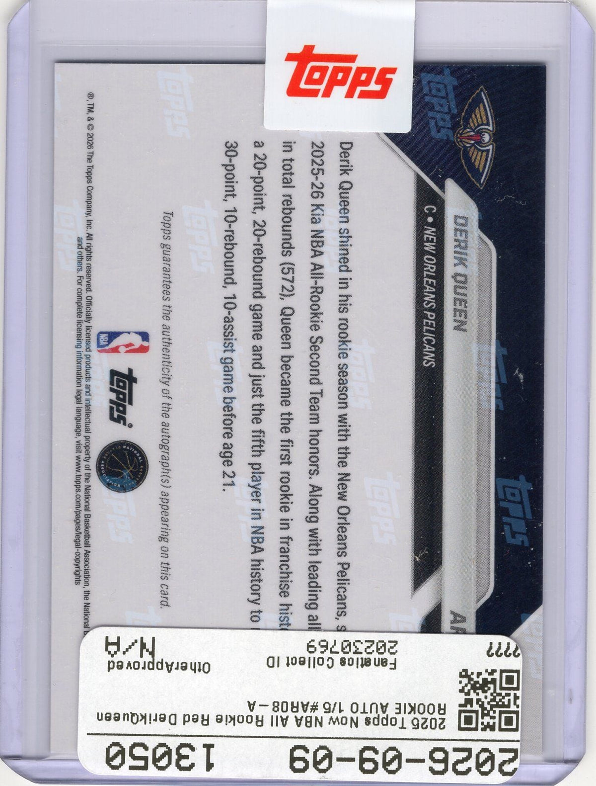 2025 Topps Now Derik Queen #AR08 Red Auto /5 2025-26 KIA NBA All Rookie Second Team Selection New Orleans Pelicans Rookie RC Basketball Card