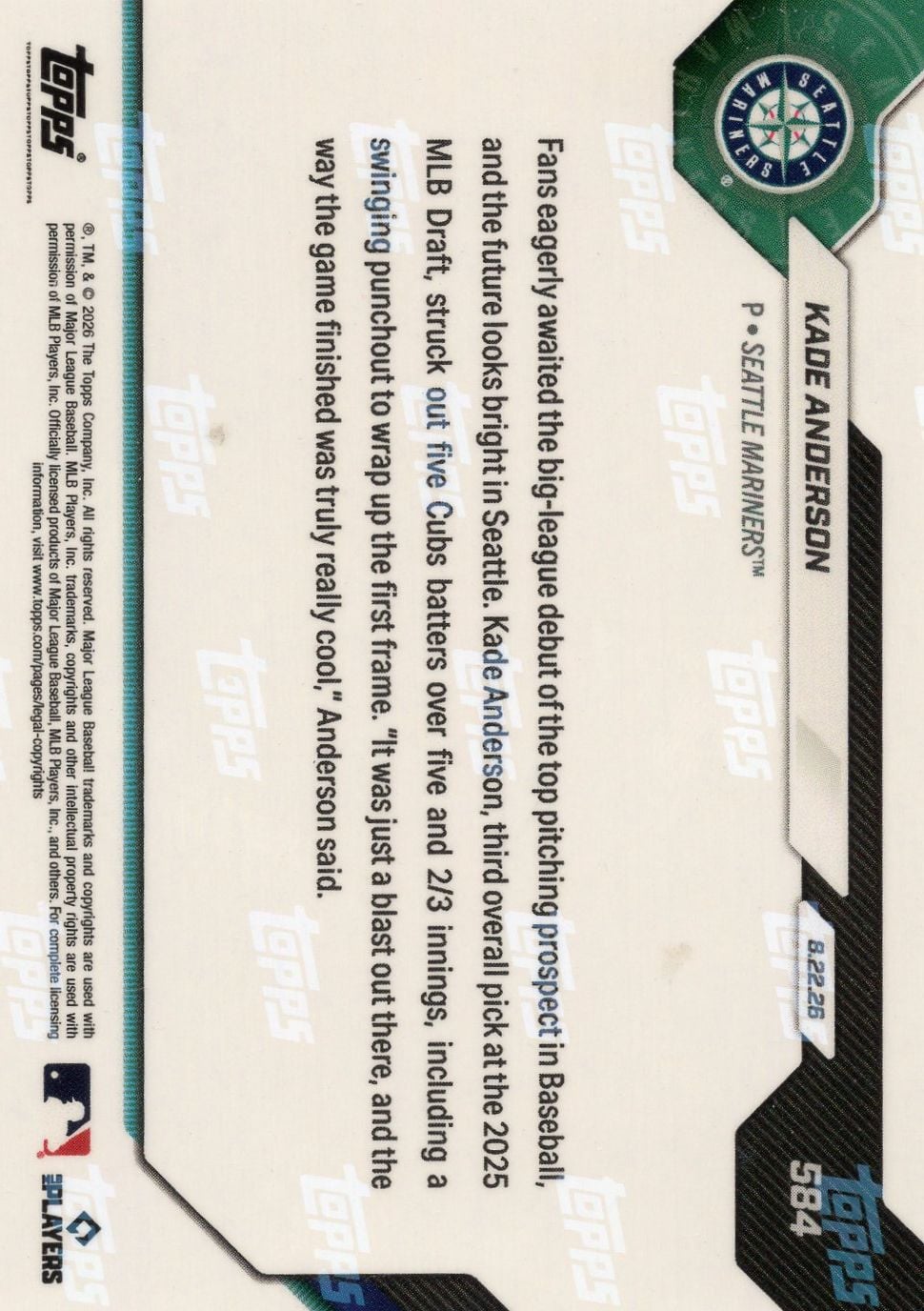 2026 Topps Now Kade Anderson #584 Orange Foil /25 MLB Top Pitching Prospect Makes Anticipated Debut Seattle Mariners Rookie RC Baseball Card