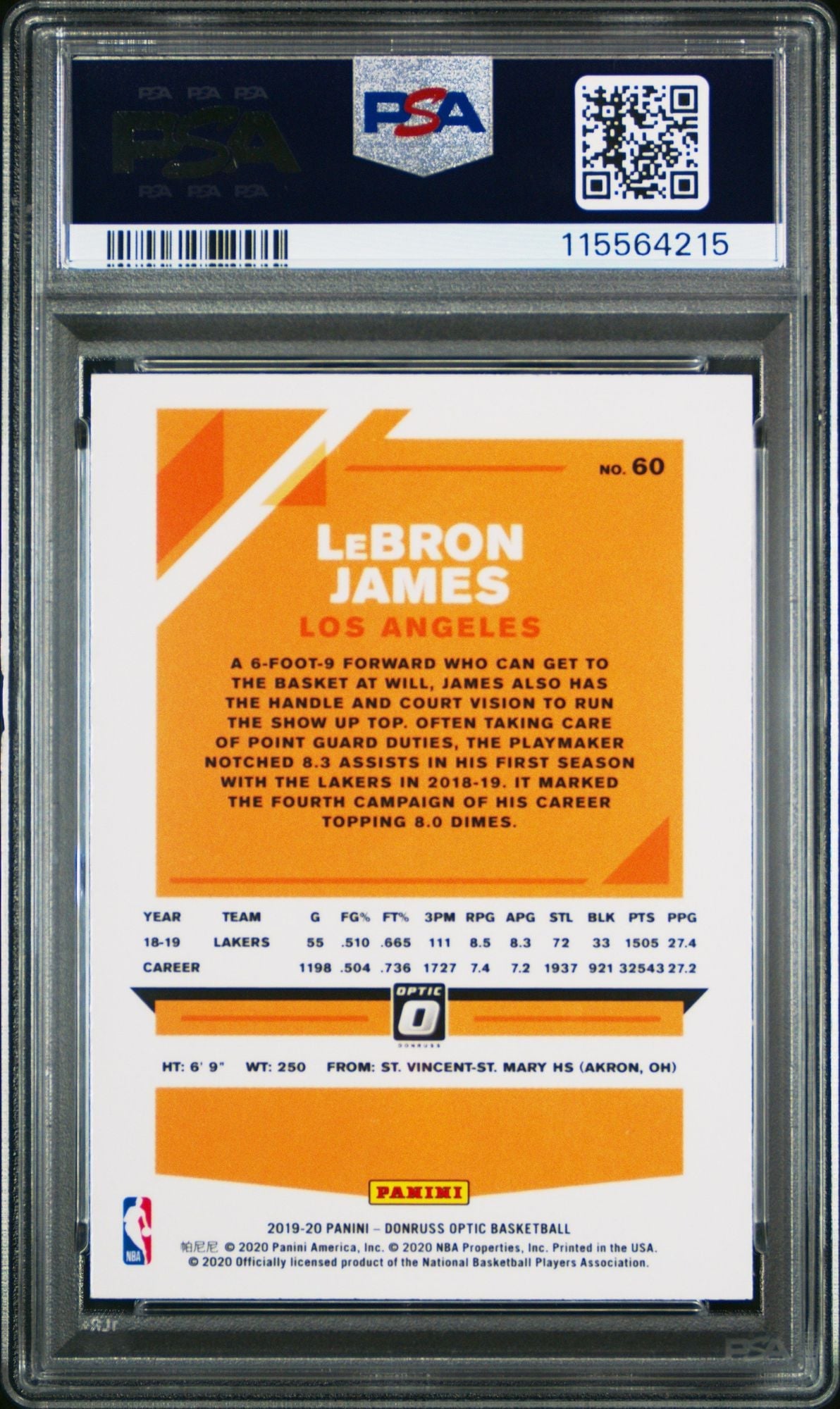 Graded 2019 Panini Donruss Optic LeBron James #60 Basketball Card PSA 10 Gem Mint
