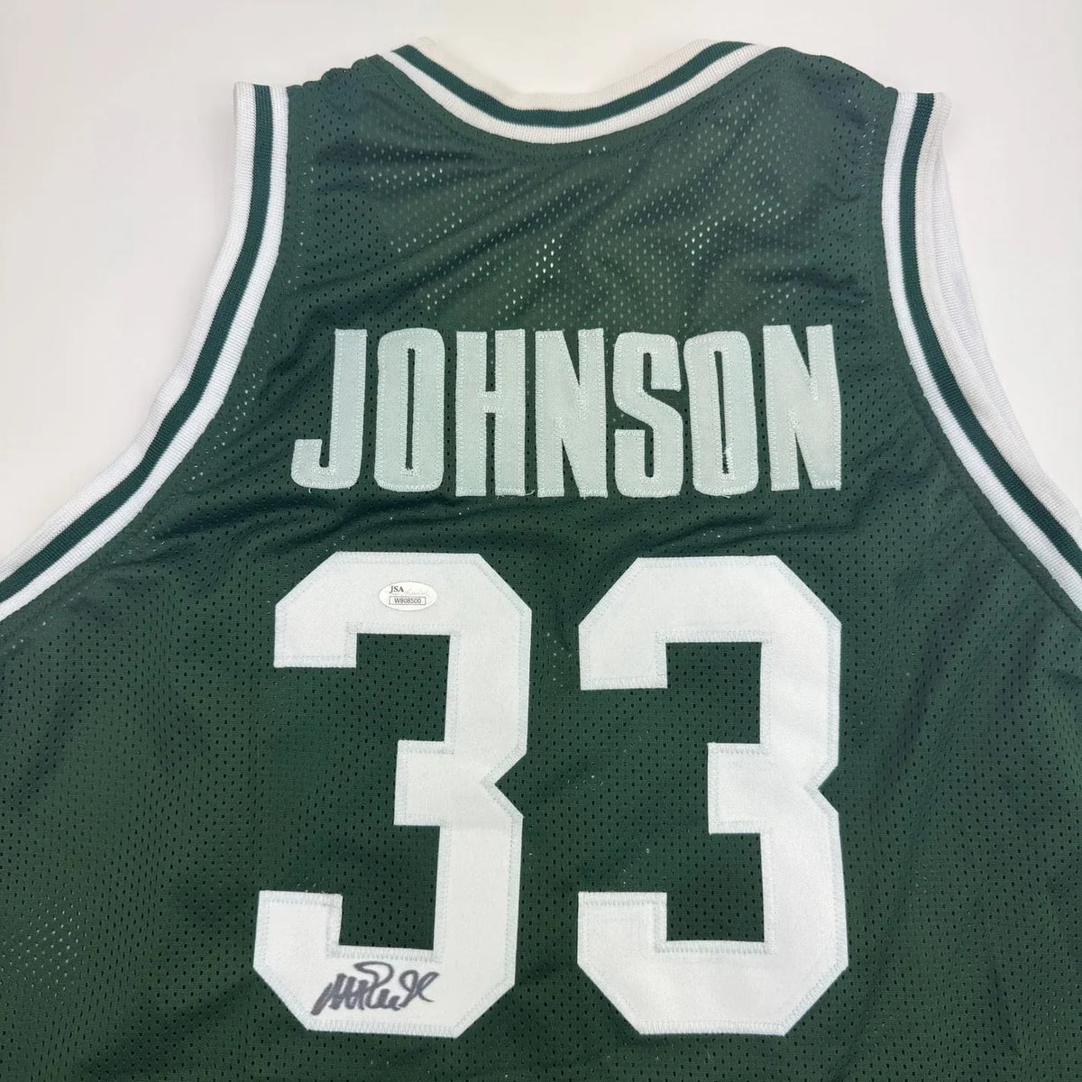 Framed Autographed/Signed Earvin Magic Johnson 35x39 Michigan State Green College Basketball Jersey JSA COA