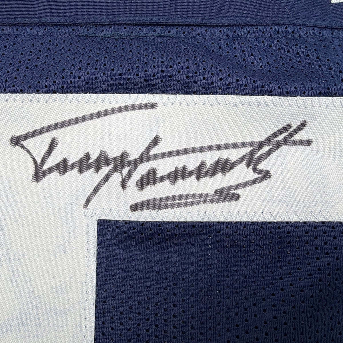 Framed Autographed/Signed Terry Hanratty 35x39 Notre Dame Blue College Football Jersey JSA COA