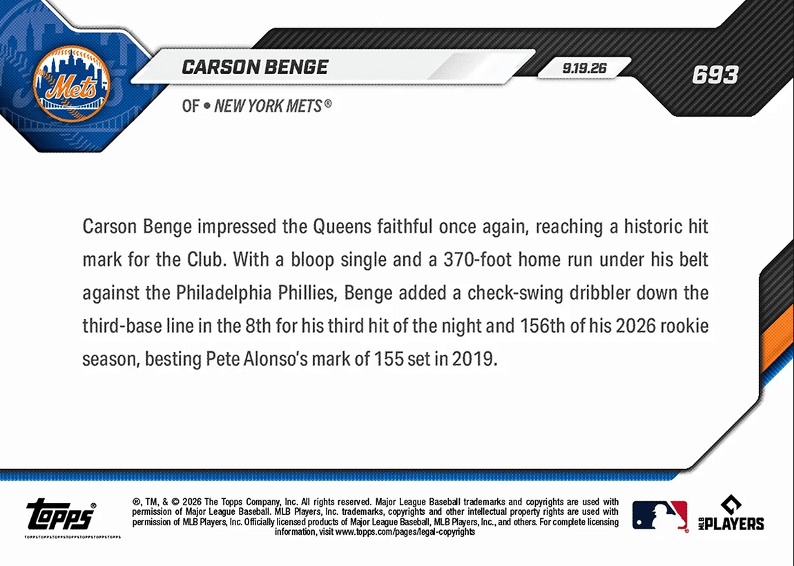 2026 Topps Now Carson Benge #693 Breaks Mets All Time Rookie Mark with 156th Hit New York Mets Rookie RC Baseball Card