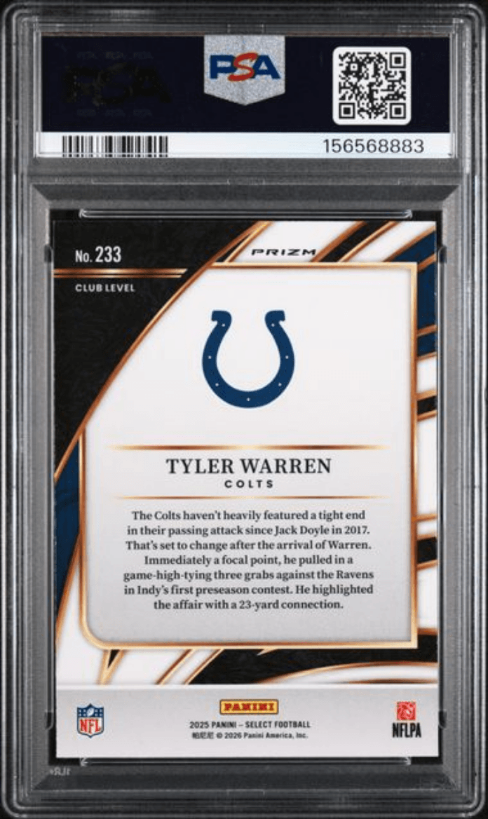 Graded 2025 Panini Select Tyler Warren #233 Red & Blue Shock Rookie RC Football Card PSA 10 Gem Mint