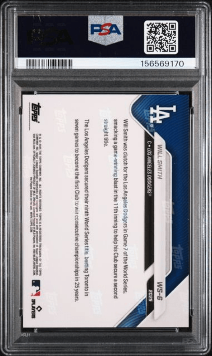 Graded 2025 Topps Now Platinum Member Will Smith #WS6 World Series Champions Baseball Card PSA 8 Near Mint
