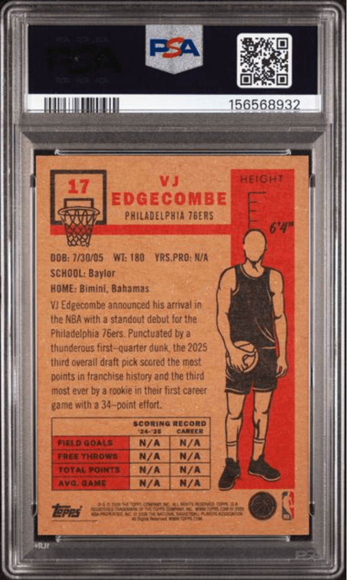 Graded 2026 Topps Living VJ Edgecombe #17 Rookie RC Basketball Card PSA 7 Near Mint