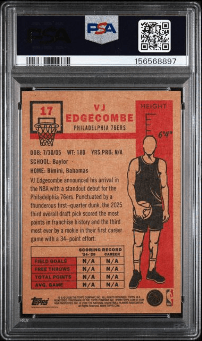 Graded 2026 Topps Living VJ Edgecombe #17 Background Variation Rookie RC Basketball Card PSA 10 Gem Mint