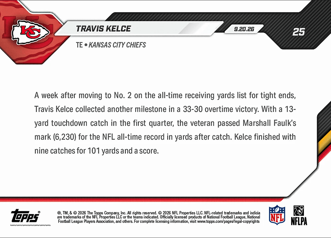 2026 Topps Now Travis Kelce #25 Sets NFL All Time Mark for Yards After Catch Kansas City Chiefs Football Card