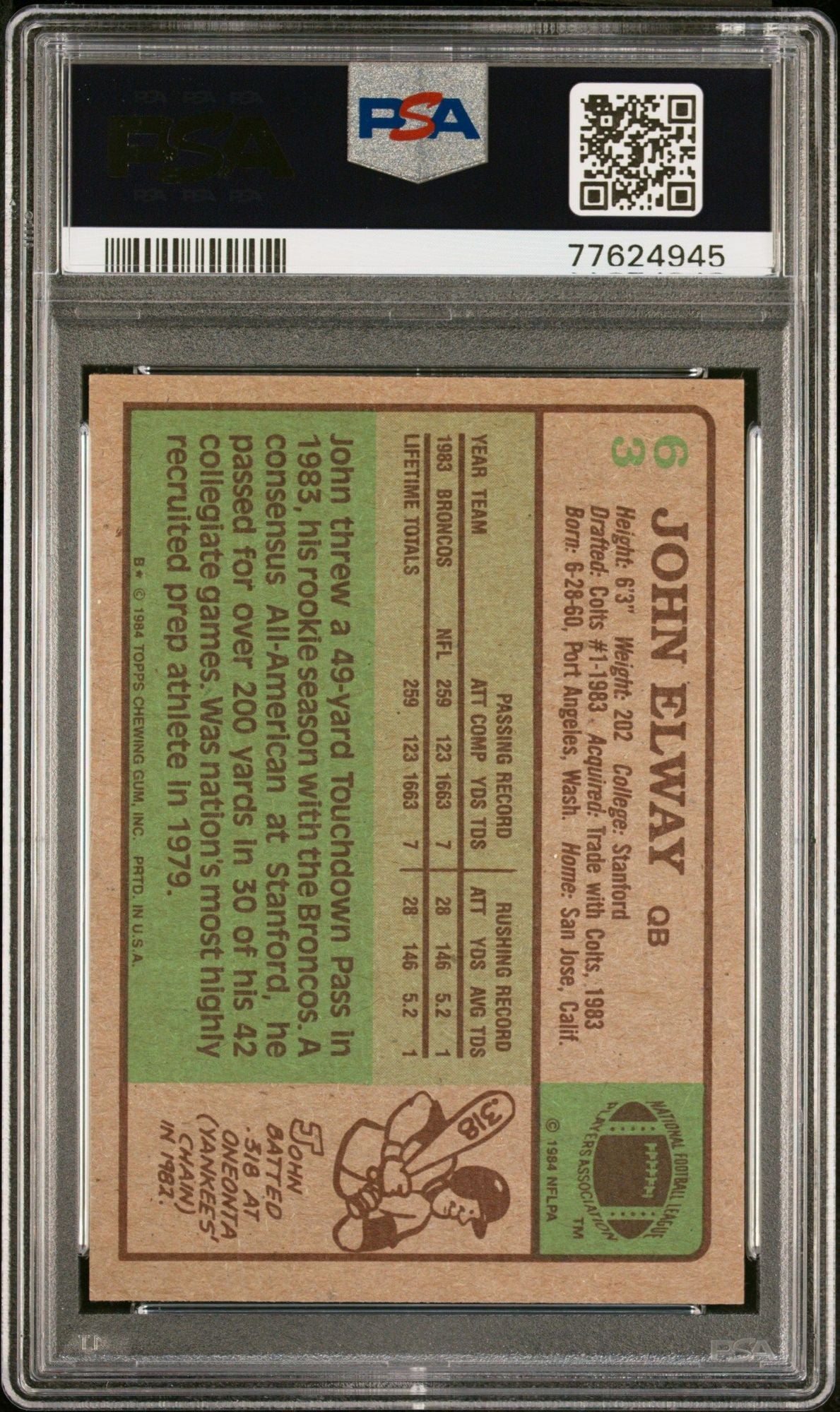 Graded 1984 Topps John Elway #63 Rookie RC Football Card PSA 8 NM-MT