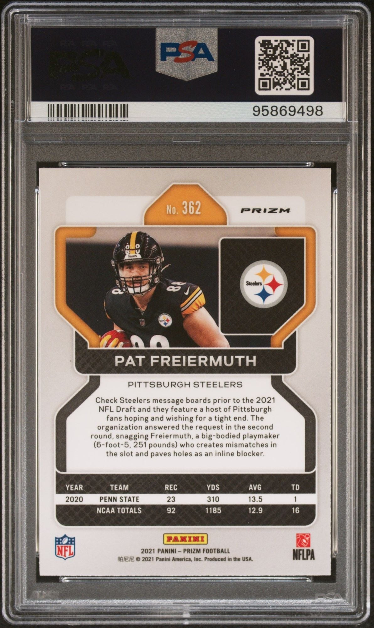 Graded 2021 Panini Prizm Pat Freiermuth #362 Neon Green Pulsar Rookie RC Football Card PSA 10 Gem Mint