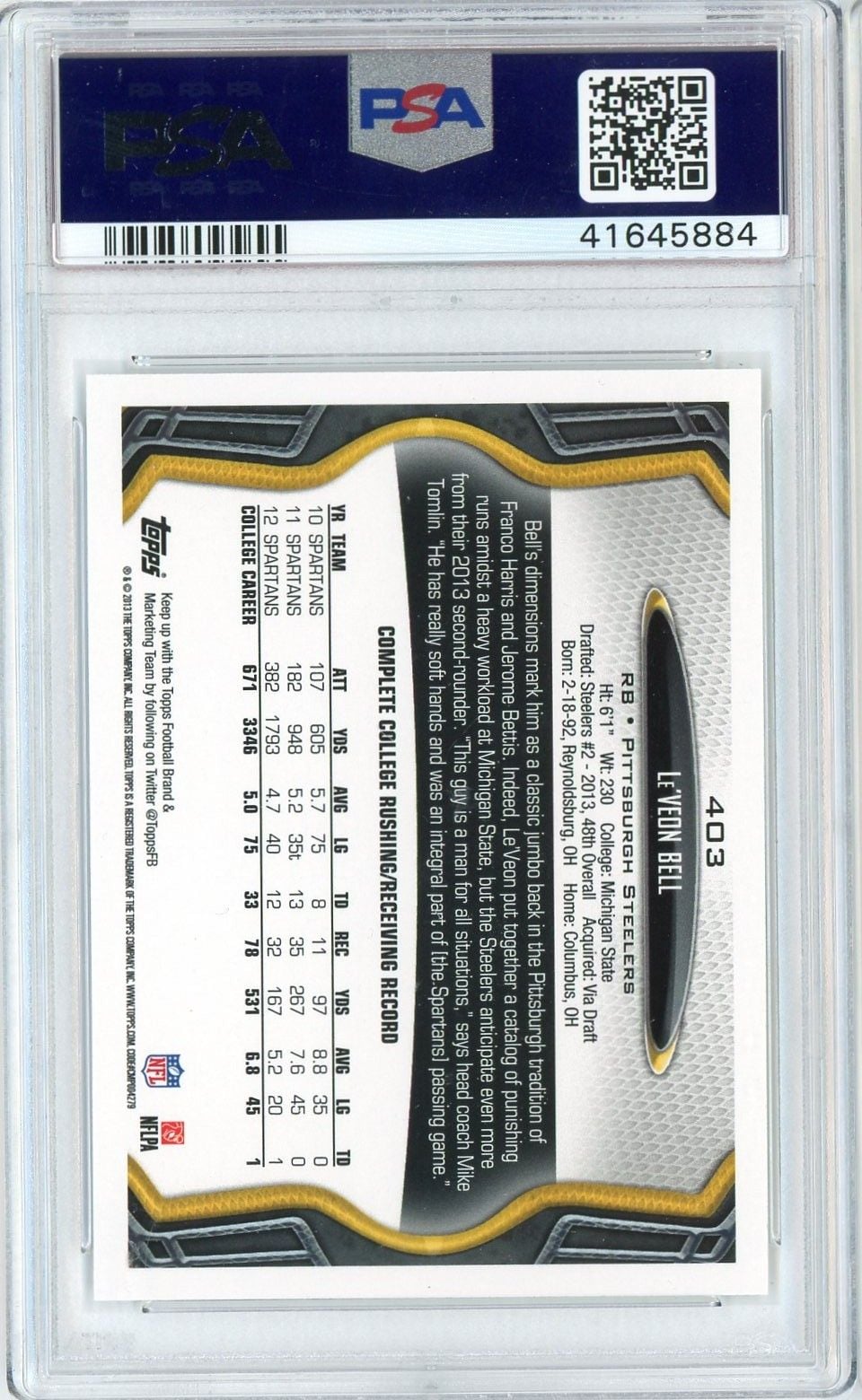 Graded 2010 Panini Prestige Le'Veon Bell #18 Prestigious Picks Gold Rookie RC Football Card PSA 10 Gem Mint
