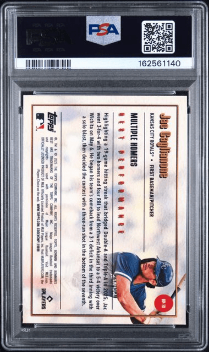 Graded 2025 Topps Bowmans Best Jac Caglianone #BP13 Best Performance Rookie RC Baseball Card PSA 10 Gem Mint