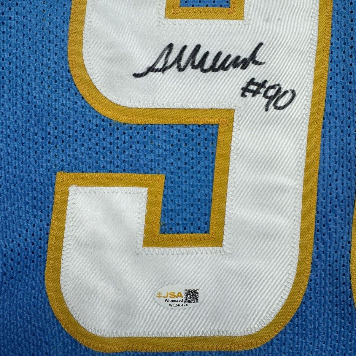 Framed Autographed/Signed Akheem Mesidor 35x39 Los Angeles San Diego Powder Blue Football Jersey JSA COA