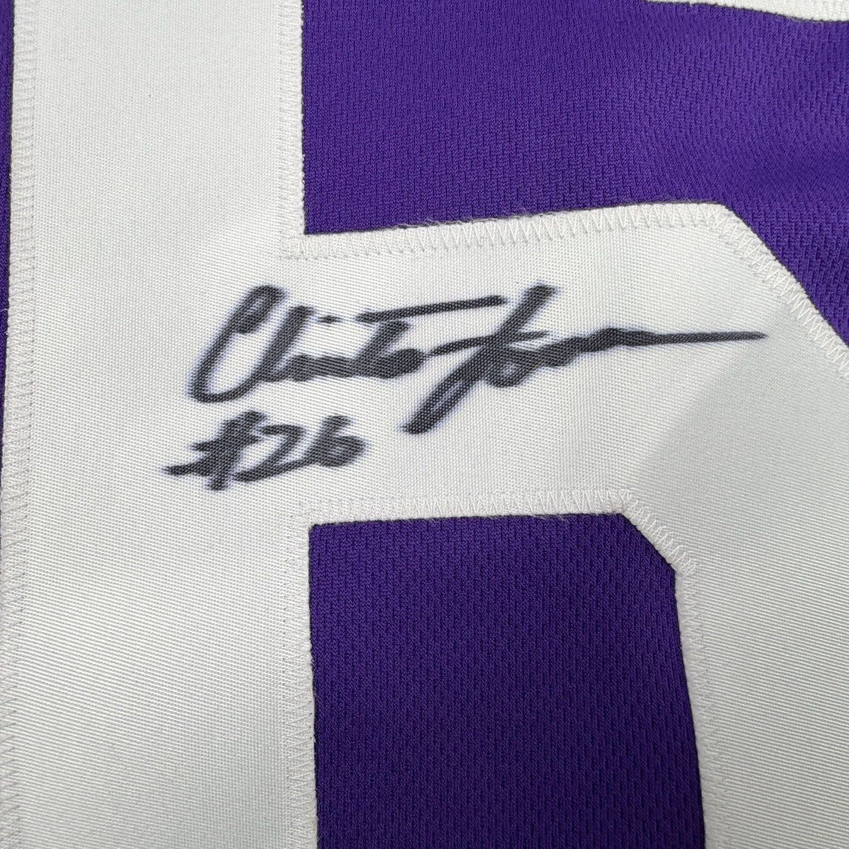 Framed Autographed/Signed Clinton Jones 35x39 Minnesota Purple Football Jersey JSA COA