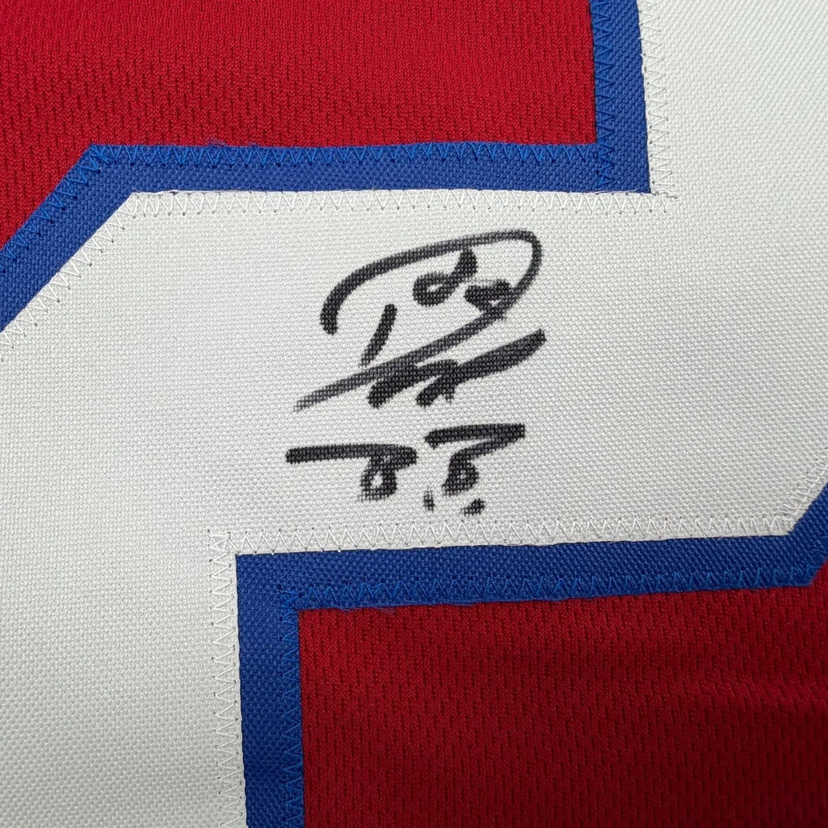 Framed Autographed/Signed Don Beebe 35x39 Buffalo Red Football Jersey JSA COA