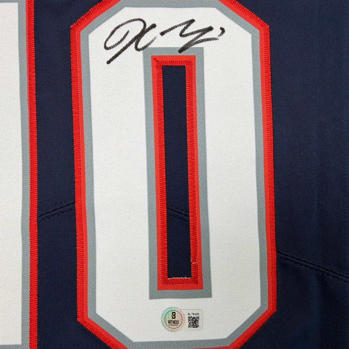 Framed Autographed/Signed Drake Maye 35x39 New England Patriots Blue Authentic Football Jersey Beckett BAS COA