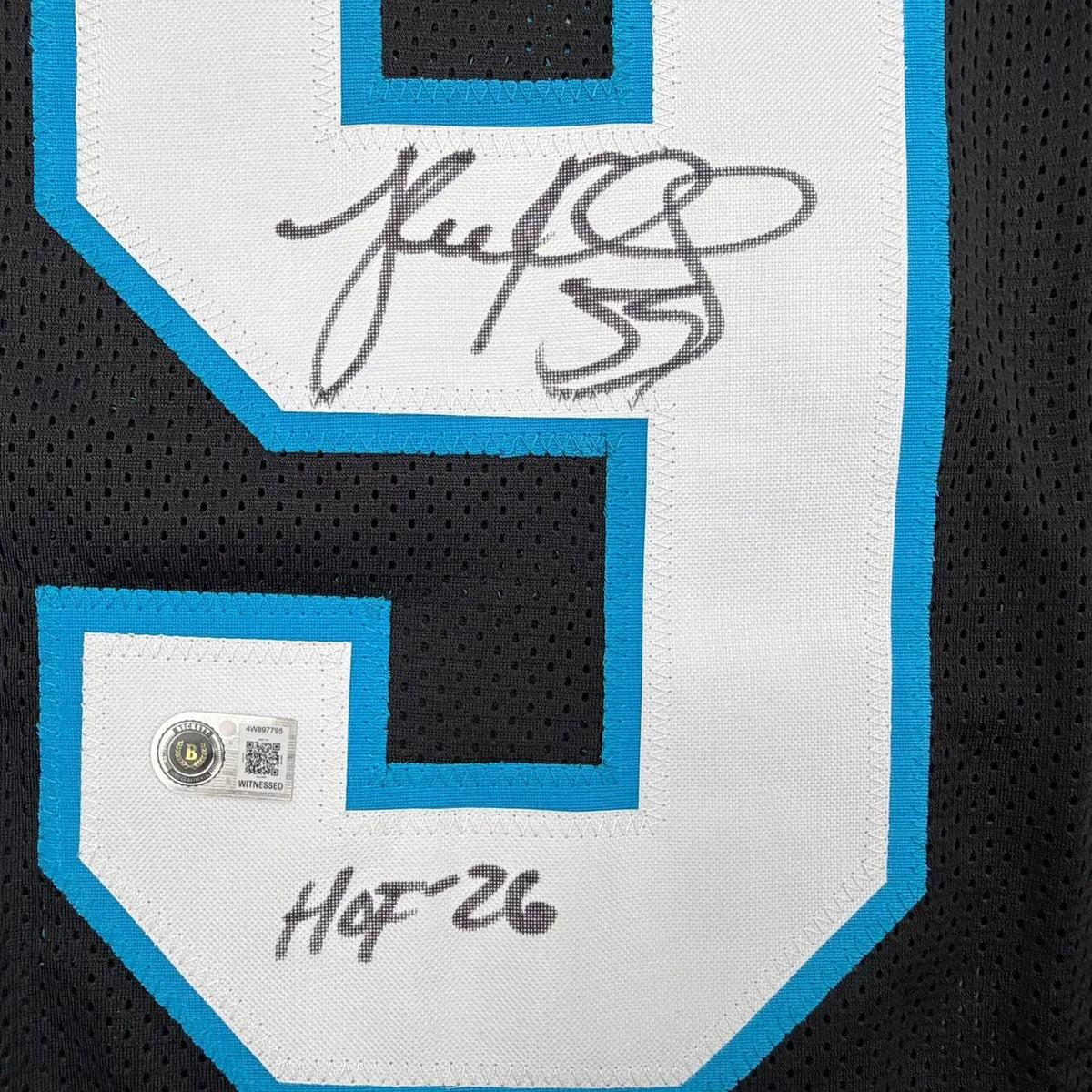Framed Autographed/Signed Luke Kuechly HOF 26 35x39 Carolina Black Football Jersey Beckett BAS COA