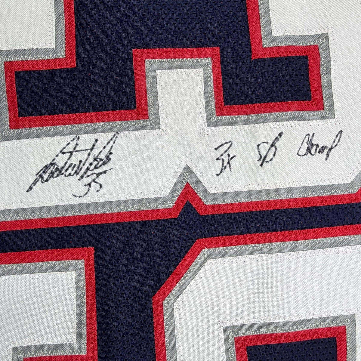 Framed Autographed/Signed Patrick Pass 3x SB Champ 35x39 New England Blue Football Jersey Beckett BAS COA