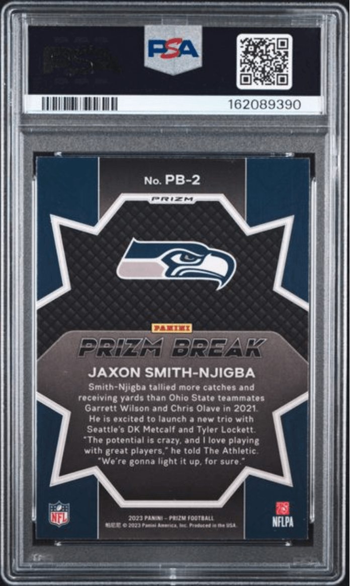 Graded 2023 Panini Prizm Jaxon Smith-Njigba #PB2 Prizm Break Green Ice Rookie RC Football Card PSA 10 Gem Mint