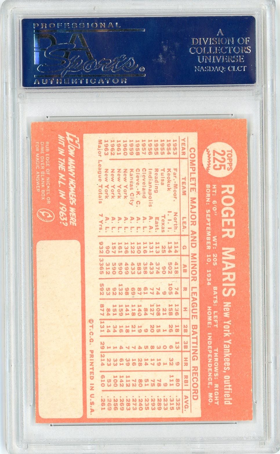Graded 1964 Topps Roger Maris #225 Baseball Card PSA 7 Near Mint