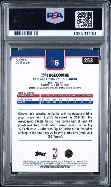 Graded 2025 Topps Chrome VJ Edgecombe #253 Red White Blue Refractor Rookie RC Basketball Card PSA 9 Mint