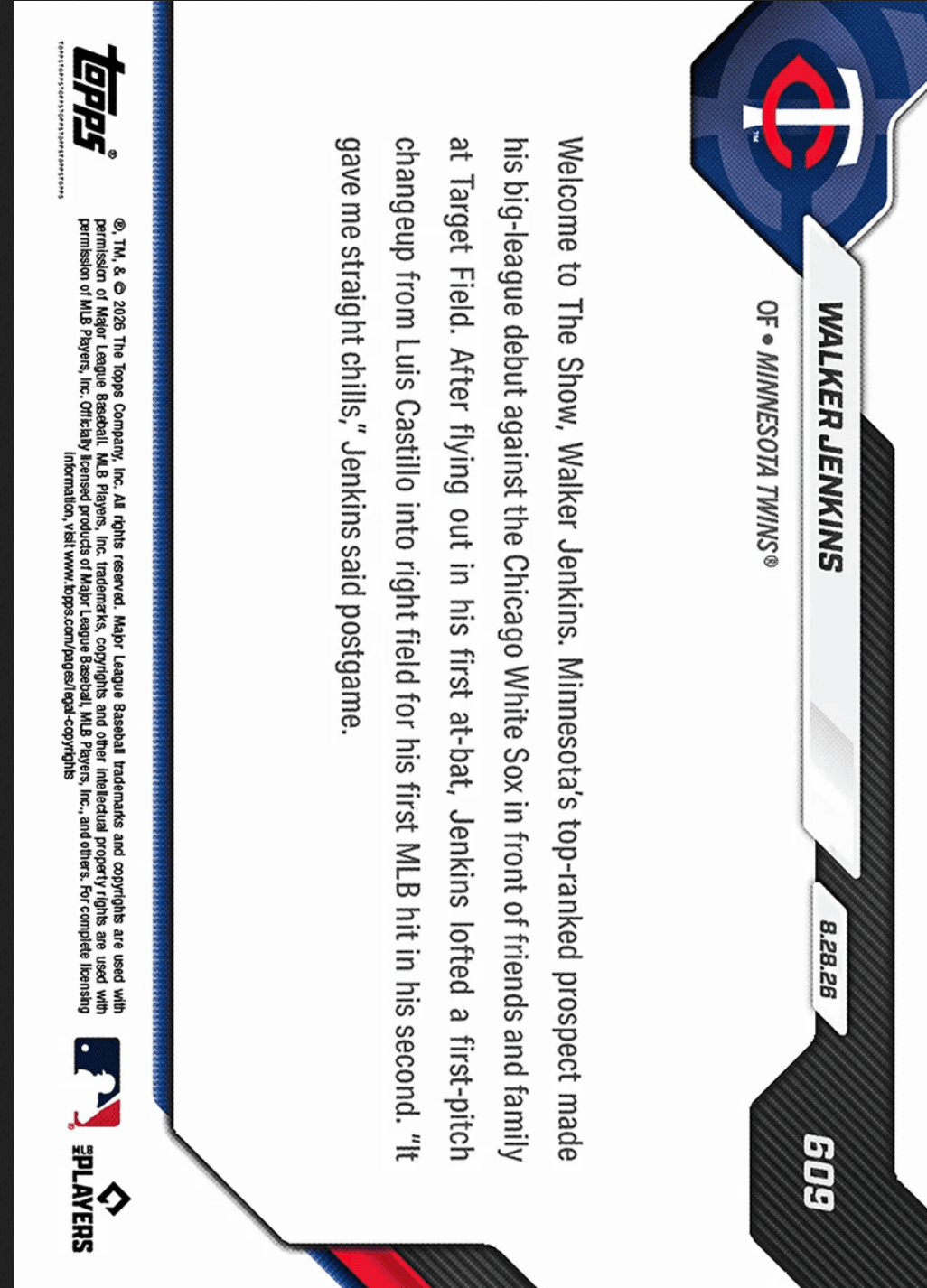 2026 Topps Now Walker Jenkins #609 Gold Foil /50 Number 1 Prospect Logs 1st Career Knock in Big Leagues Minnesota Twins Rookie RC Baseball Card