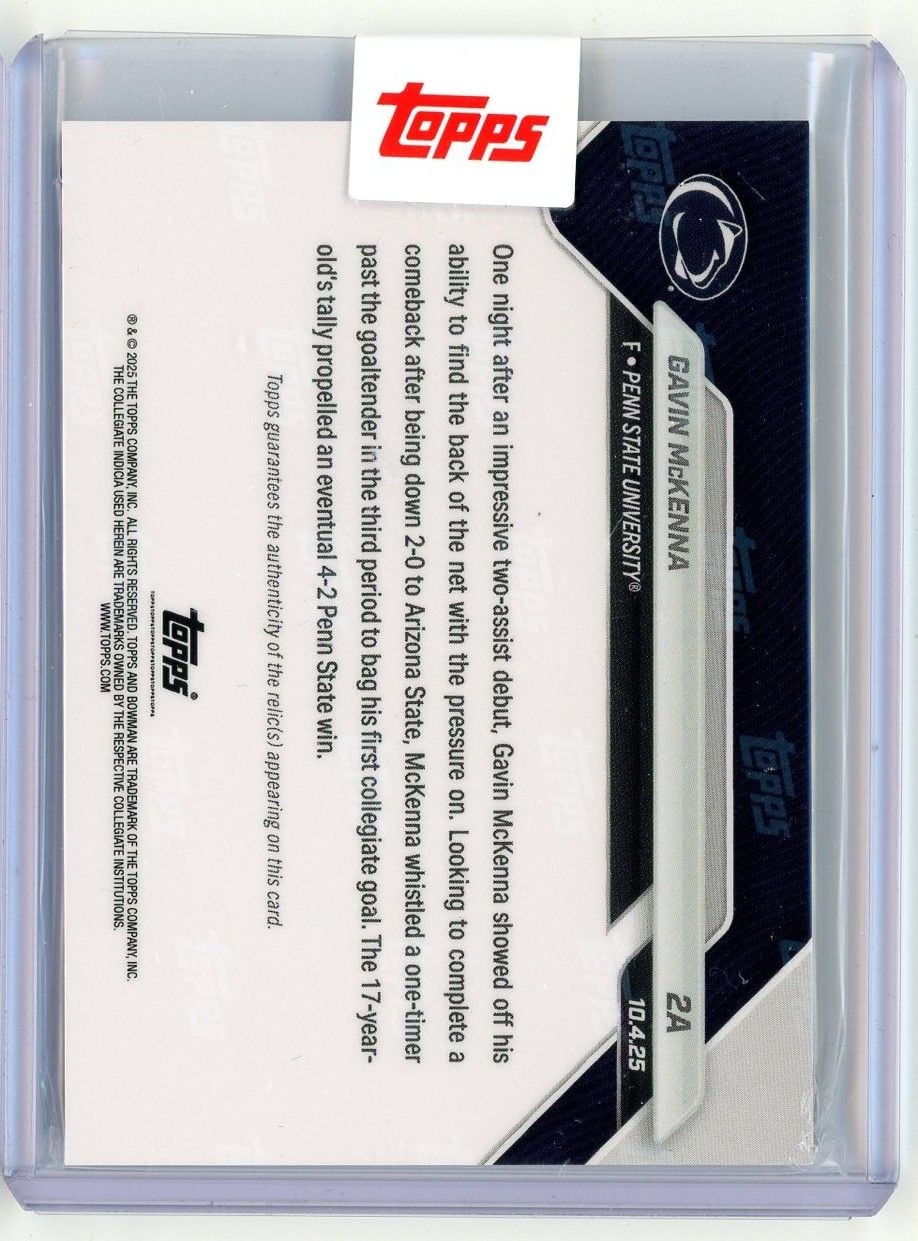 2026 Topps Bowman U Now Gavin McKenna #2A Orange Relic /25 1st Collegiate Goal Seals Penn State Comeback Penn State Nittany Lions Rookie RC Hockey Card
