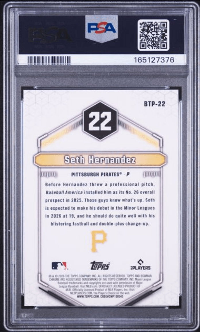 Graded 2026 Topps Bowman Seth Hernandez #BTP22 Scouts Top 100 Rookie RC Baseball Card PSA 10 Gem Mint