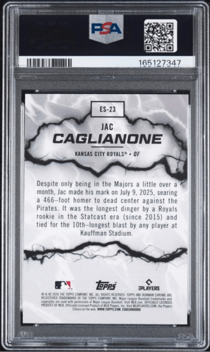 Graded 2026 Topps Bowman Jac Caglianone #ES23 Electric Sluggers Rookie RC Baseball Card PSA 8 Near Mint