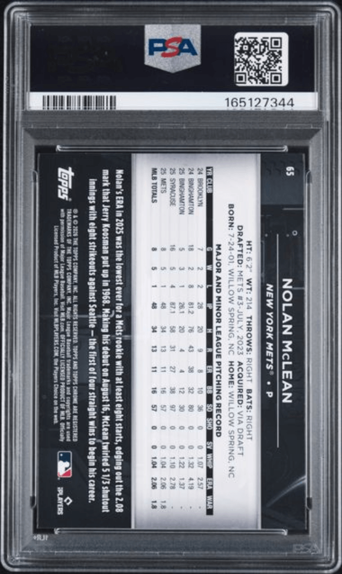 Graded 2026 Topps Chrome Black Nolan McLean #65 Rookie RC Baseball Card PSA 10 Gem Mint