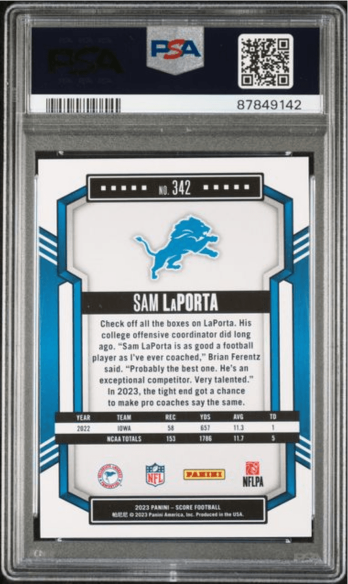 Graded 2023 Panini Score Sam LaPorta #342 Rookie RC Football Card PSA 10 Gem Mint
