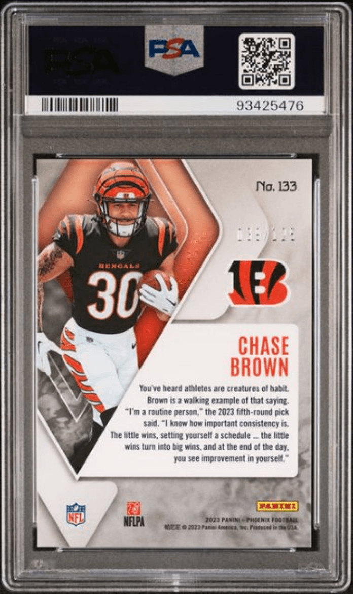 Graded 2023 Panini Phoenix Chase Brown #133 Purple Seismic /125 Rookie RC Football Card PSA 10 Gem Mint