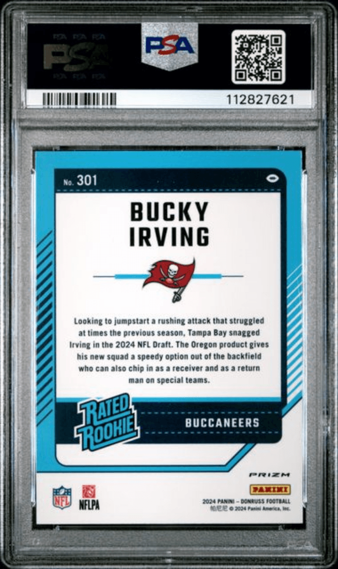 Graded 2024 Panini Donruss Bucky Irving #301 Optic Preview Blue Scope Rookie RC Football Card PSA 10 Gem Mint