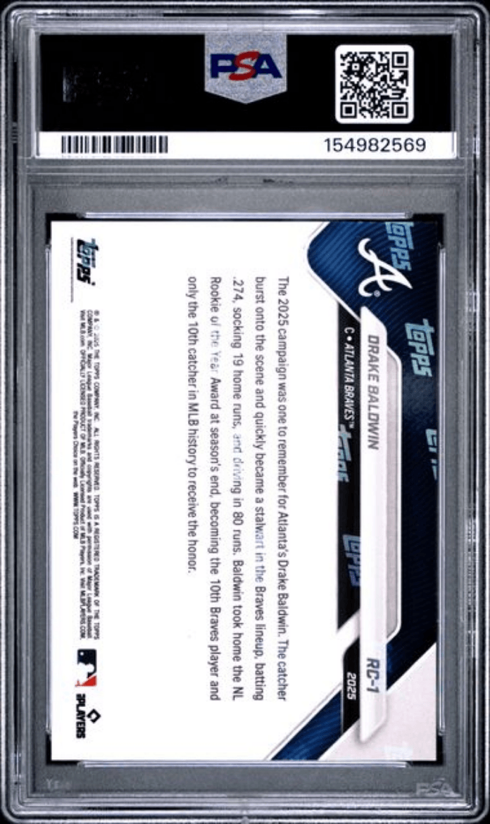 Graded 2025 Topps Now MLB Drake Baldwin #RC1 Rookie Cup Team Set Rainbow Foil Rookie RC Baseball Card PSA 10 Gem Mint