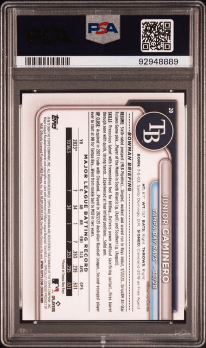 Graded 2024 Topps Bowman Junior Caminero #20 Sky Blue /499 Rookie RC Baseball Card PSA 10 Gem Mint