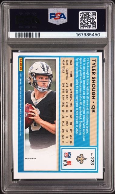 Graded 2025 Panini Donruss Optic Tyler Shough #223 Green Velocity Rookie RC Football Card PSA 10 Gem Mint
