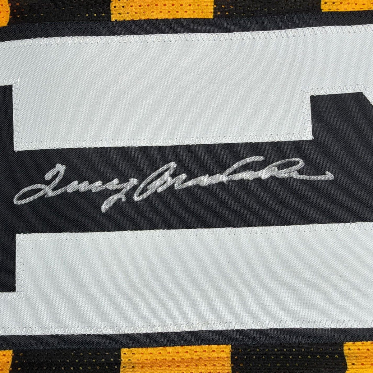 Framed Autographed/Signed Terry Bradshaw 35x39 Pittsburgh Bumble Bee Football Jersey Beckett BAS COA