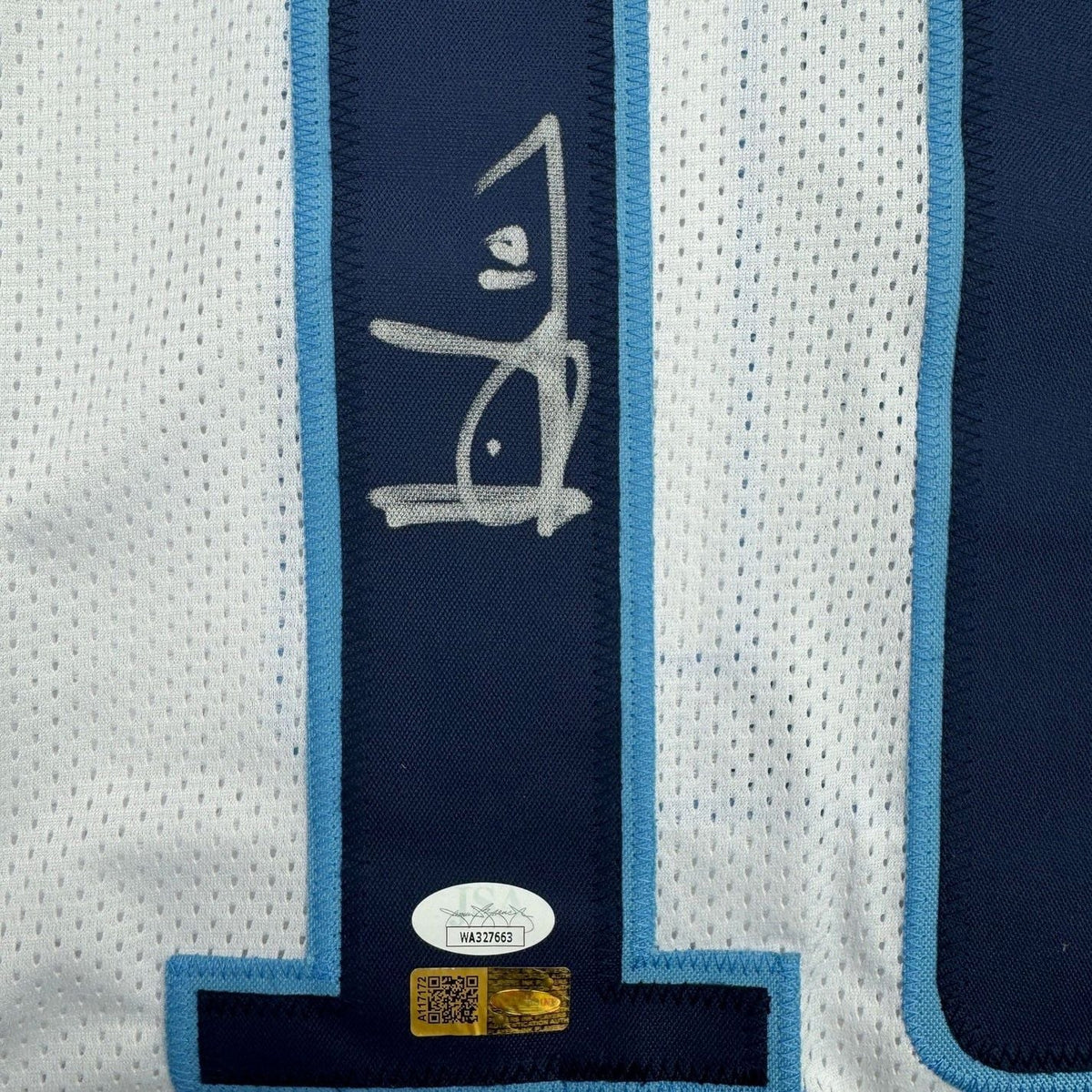 Framed Autographed/Signed Vince Young 35x39 Tennessee White Football Jersey JSA COA