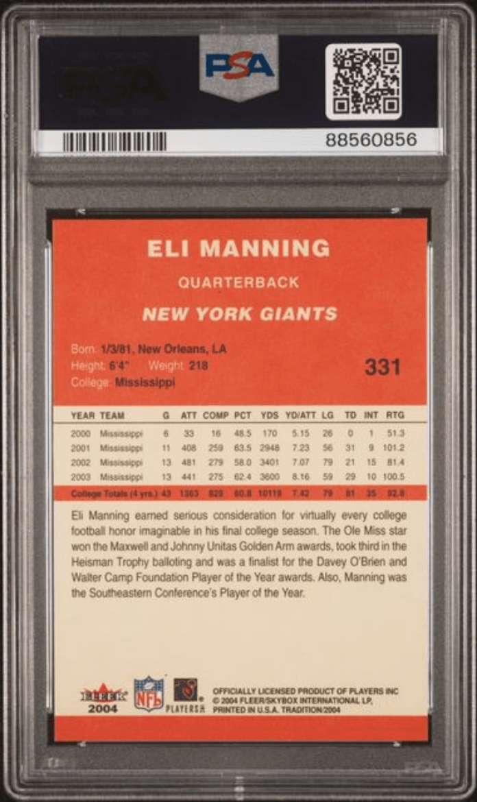 Graded 2004 Fleer Tradition Eli Manning #331 Rookie RC Football Card PSA 10 Gem Mint