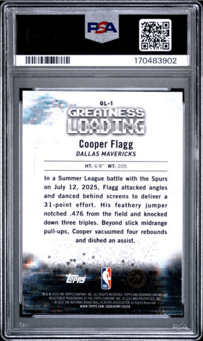 Graded 2025 Topps Bowman Cooper Flagg #GL1 Greatness Loading Rookie RC Basketball Card PSA 10 Gem Mint