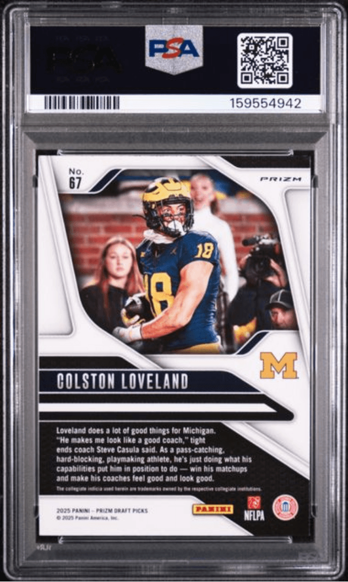 Graded 2025 Panini Prizm Draft Picks Colston Loveland #67 Gold Ice Rookie RC Football Card PSA 10 Gem Mint