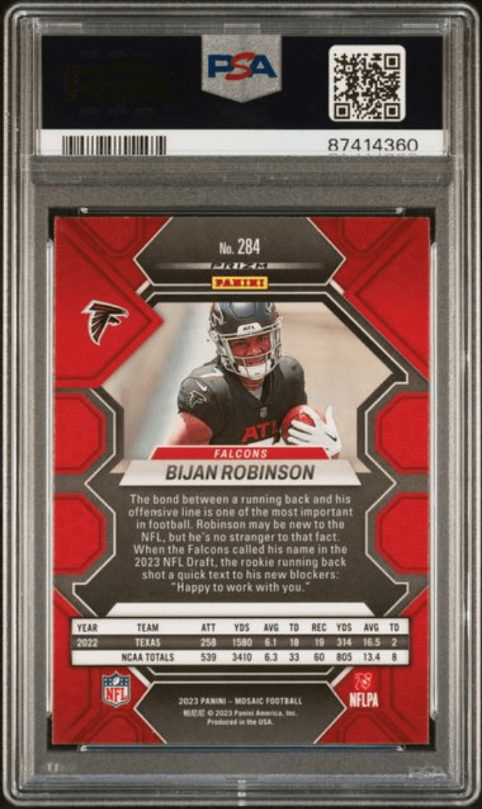 Graded 2023 Panini Mosaic Bijan Robinson #284 Reactive Blue Rookie RC Football Card PSA 10 Gem Mint