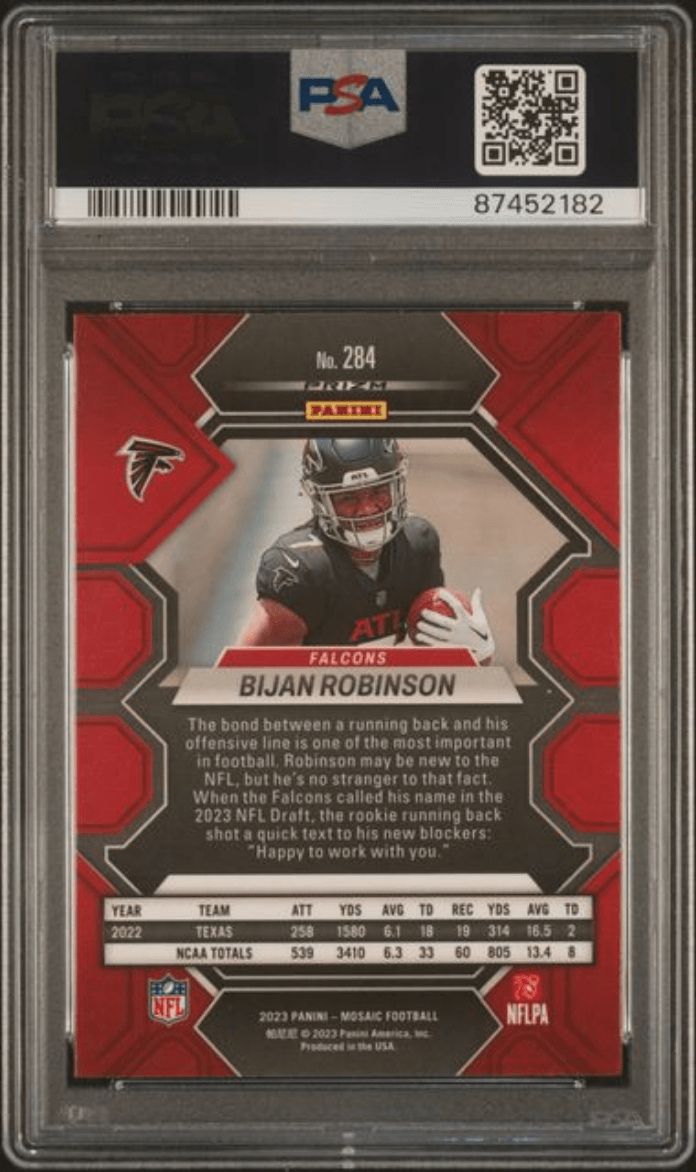 Graded 2023 Panini Mosaic Bijan Robinson #284 Reactive Yellow Rookie RC Football Card PSA 10 Gem Mint