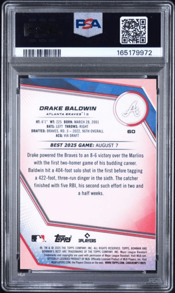 Graded 2025 Topps Bowmans Best Drake Baldwin #60 Rookie RC Baseball Card PSA 10 Gem Mint