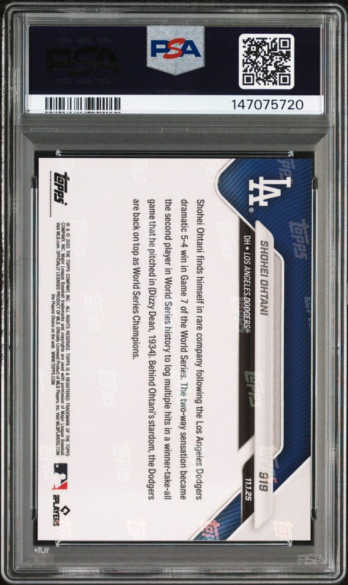 Graded 2025 Topps Now Shohei Ohtani #919 World Series Baseball Card PSA 10 Gem Mint