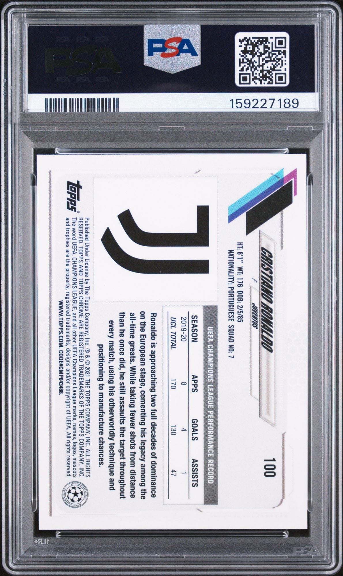 Graded 2020 Topps Chrome UCL Cristiano Ronaldo #100 UEFA Champions League Soccer Card PSA 10 Gem Mint